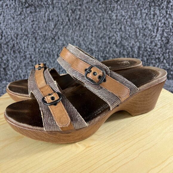Dansko Jessie Sand Lizard Leather Wedge Sandals Womens 10 Brown Slip On Heels - Picture 1 of 9